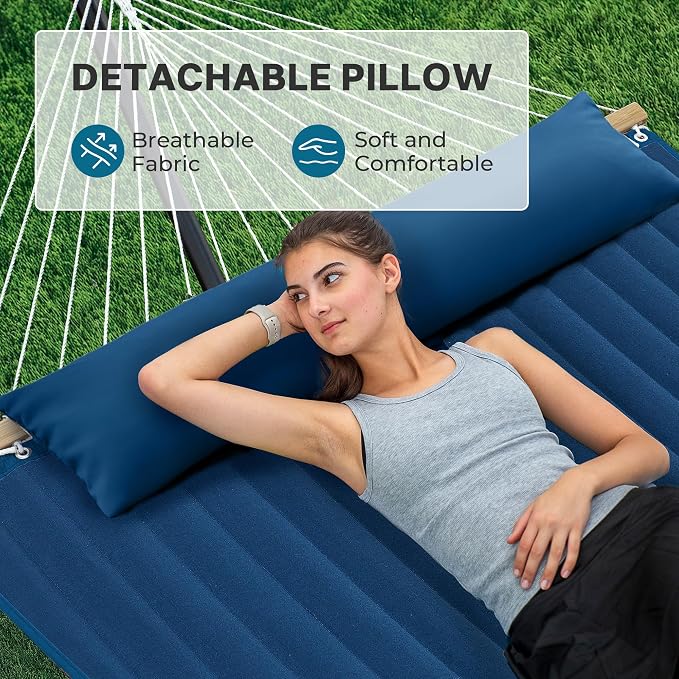 SUPERJARE Hammock with Stand, 2 Person Quilted Outdoor Hammock, Detachable Pillow & Bamboo Spreaders, Portable Hammock with Carrying Bag, Heavy Duty Stand, Perfect for Outside, Patio, Navy Blue - Image 4