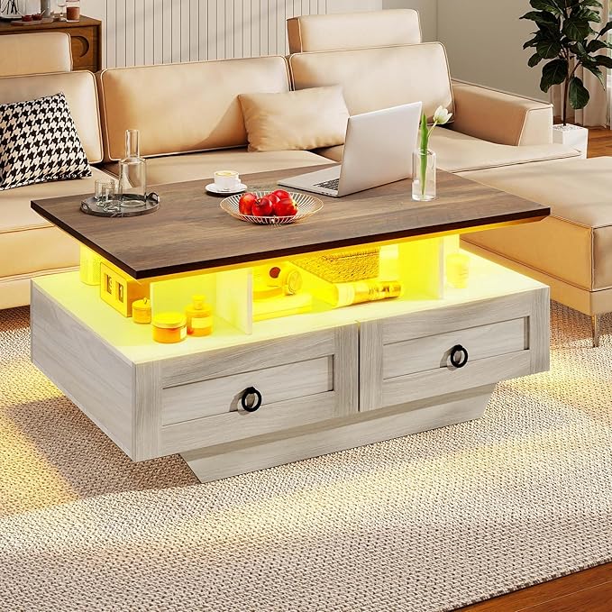 DWVO LED Coffee Table with Storage 4 Drawers, Modern High Glossy Coffee Tables for Living Room, White Rectangle Coffee Table Small Center Table with Open Display Shelf & Sliding Drawers, Brown and Oak