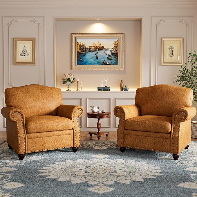 Single Sofa Chair, Faux Leather Nailhead Armchair, Rolled Arm Accent Chair for Living Room, Wood Legs, Traditional Single Couch Chair for Apartment, Farmhouse (Brown, Set of 2)
