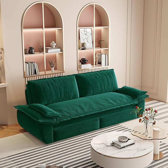 3-in-1 Convertible Sofa Bed Queen Size Pull Out Sleeper Sofa with Heavy Duty Metal Frame, Luxurious Velvet Upholstered Loveseat with 2 Pillows, Modern Folding Guest Bed for Living Room, Apartment