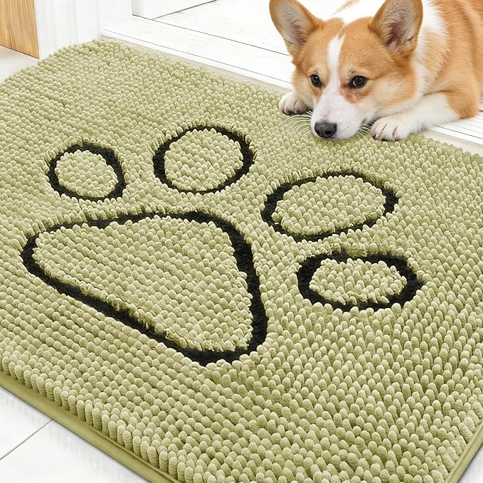 OLANLY Dog Door Mat for Muddy Paws 30x20, Paw Print Design, Absorbs Moisture and Dirt, Absorbent Non-Slip Washable Doormat, Quick Dry Chenille Mud Mat for Dogs, Entry Indoor Entryway Carpet, Vanilla by OLANLY