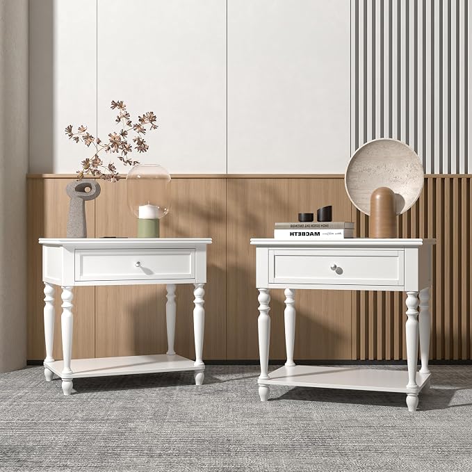 Solid Wood Nightstand with Charging Station, Traditional End Table with Drawers and Open Shelf, Bedside Table with Storage, Modern Side Table for Bedroom, White - Image 7