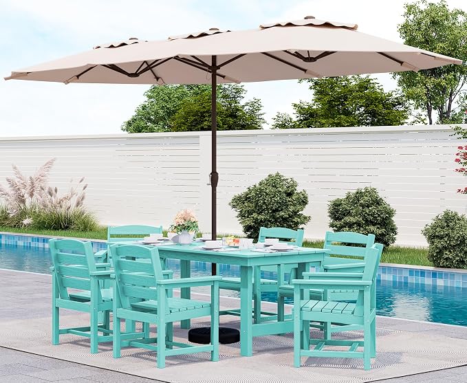 SERWALL 8-Piece Patio Dining Sets with 15FT Double Side Patio Umbrella, Outdoor HDPE Dining Furniture Set with Umbrella Hole Cut-Out Table and 6 Chairs, Aruba（Umbreall Base not Included） by SERWALL