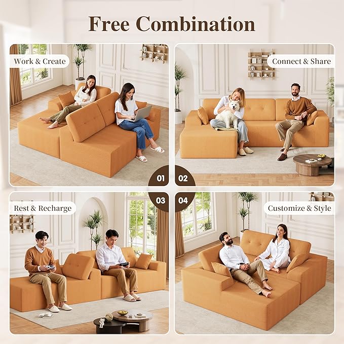 Ball & Cast 106" Cloud Sectional Couch, Compressed L-Shaped Sofa with Deep Seat Chaise, Boneless No Assembly Modular Couch, Foam & Spring Support, 2 Boxes (Left Facing, Chenille Orange)