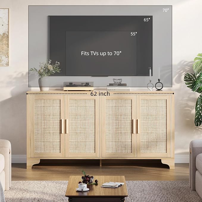 TV Stand for TVs Up to 65'', Natural Rattan Entertainment Center with Storage Cabinets, Boho Media Console Table for Living Room, Farmhouse Cabinet - Image 4