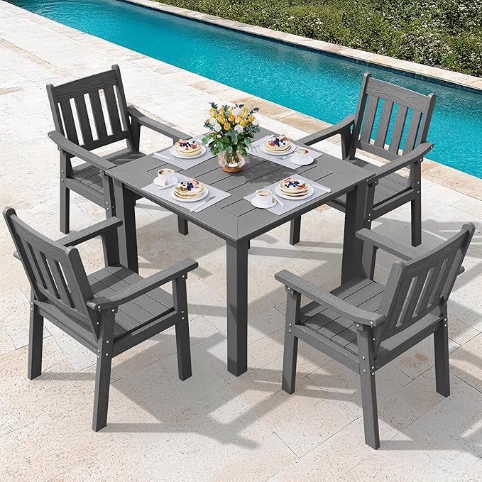 YEFU HIPS Patio Table Set: 5 Piece Outdoor Square Table and Chairs with Metal Aluminum Frame - Gray Modern Plastic Patio Dining Furniture Set 4 Person for Outside Deck by YEFU