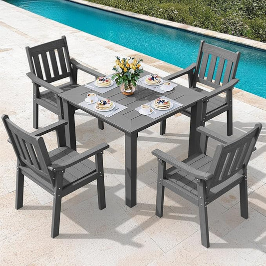 YEFU HIPS Patio Table Set: 5 Piece Outdoor Square Table and Chairs with Metal Aluminum Frame - Gray Modern Plastic Patio Dining Furniture Set 4 Person for Outside Deck by YEFU