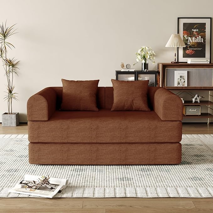 53.15'' Convertible Compressed Corduroy Folding Cloud Sofa Bed, Modern Boneless Pull Out Loveseat Sleeper in a Box, 4 in 1 Floor Mattress Futon Cloud Couch, No Assembly Needed, Caramel, Pillows, Full