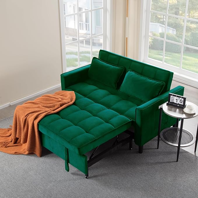 3 in 1 Convertible Sofa Bed, Love Seat Sleeper Bed with Side Pockets, Velvet Fabric Pull Out Couch with Adjustable Backrest for Living Room, Bedroom, Apartment, Dark Green