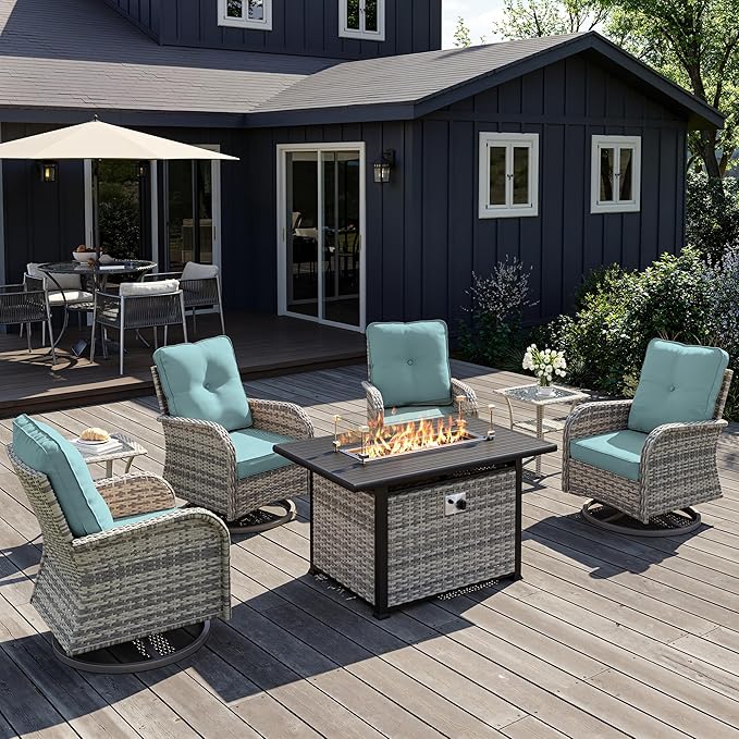 7Pcs Patio Rocking Swivel Chair with 55,000 BTU Fire Pit Table Outdoor Wicker Rattan Bistro Set with Tempered Glass Side Table, Outdoor Patio Furniture Set for Garden and Balcony, Light Blue