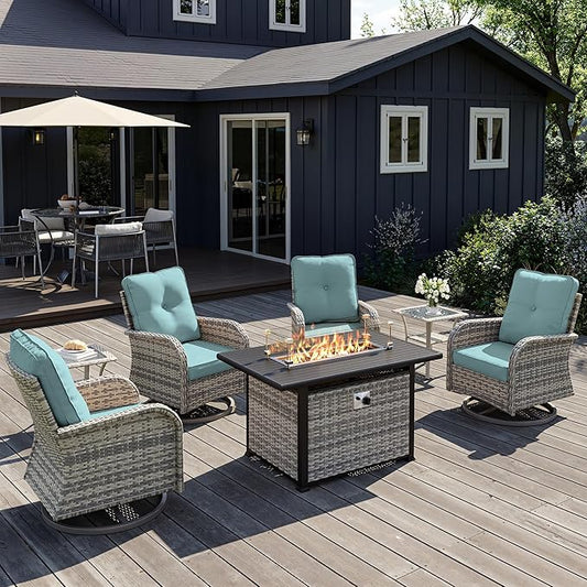7Pcs Patio Rocking Swivel Chair with 55,000 BTU Fire Pit Table Outdoor Wicker Rattan Bistro Set with Tempered Glass Side Table, Outdoor Patio Furniture Set for Garden and Balcony, Light Blue