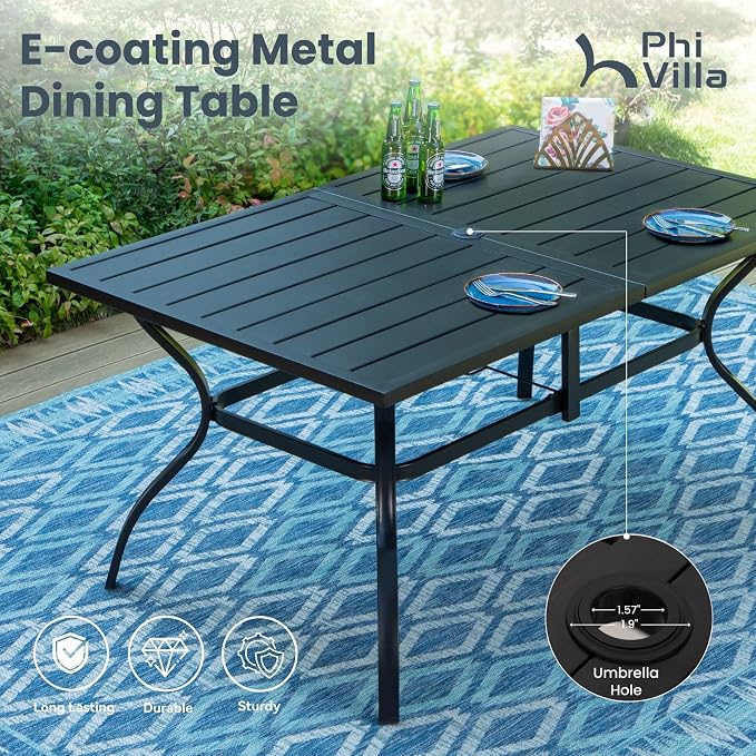 PHI VILLA 7 PCS Patio Dining Set, Rectangle Metal Table with 1.57" Umbrella Hole and 6 High Back Textilene Swivel Chairs, Suitable for All Weather - Image 7