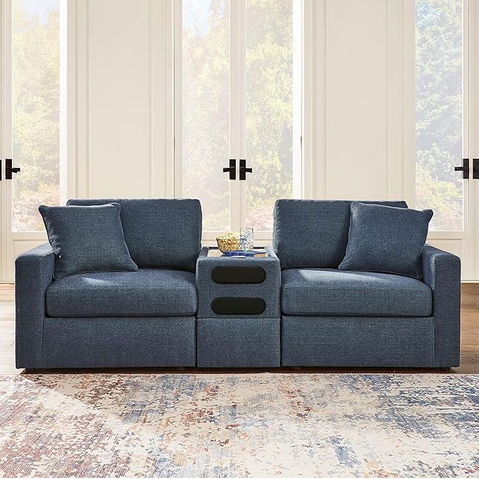 Signature Design by Ashley Modmax Contemporary Modular Stain Resistant 3-Piece Sectional with Audio Console, Drawer Storage, USB Ports and 2 Accent Pillows, Blue