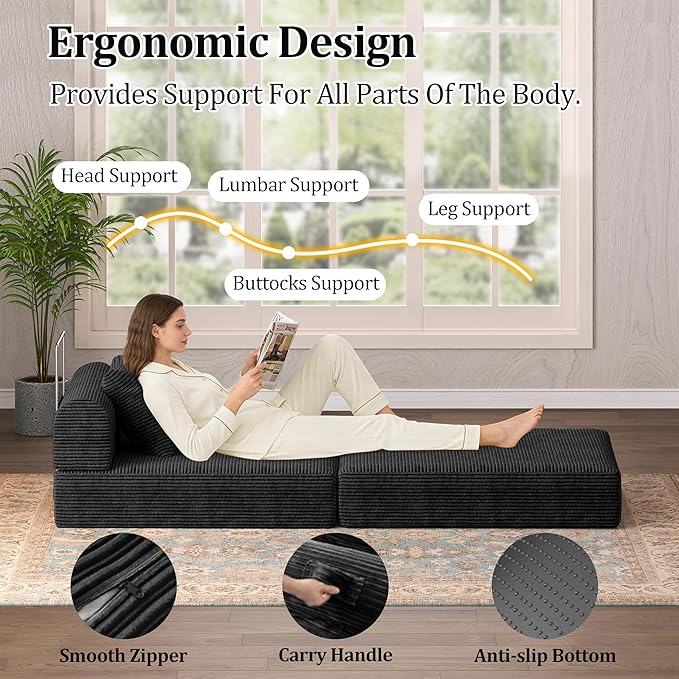 HouseMila Sofa Bed Couch,Convertible Boneless Couch Compressed Chair Comfy Boneless Chair Floor Lounge Chair with Pillow,No Assembly Folding Sofa Beds for Living Room Bedroom Guest Room(Single,Black)