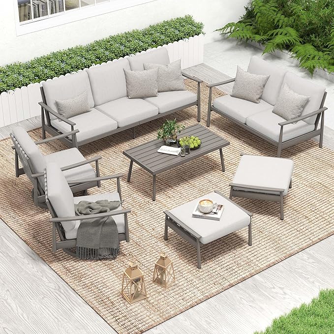 HAPPATIO Patio Outdoor Furniture Set - 7 Pieces Aluminum Outdoor Conversation Set Includes 1 Three-Seater Sofa, 1 Loveseat, 1 Coffee Table, 2 Swivel Chairs and 2 Ottomans for Porch, Lawn (Grey)