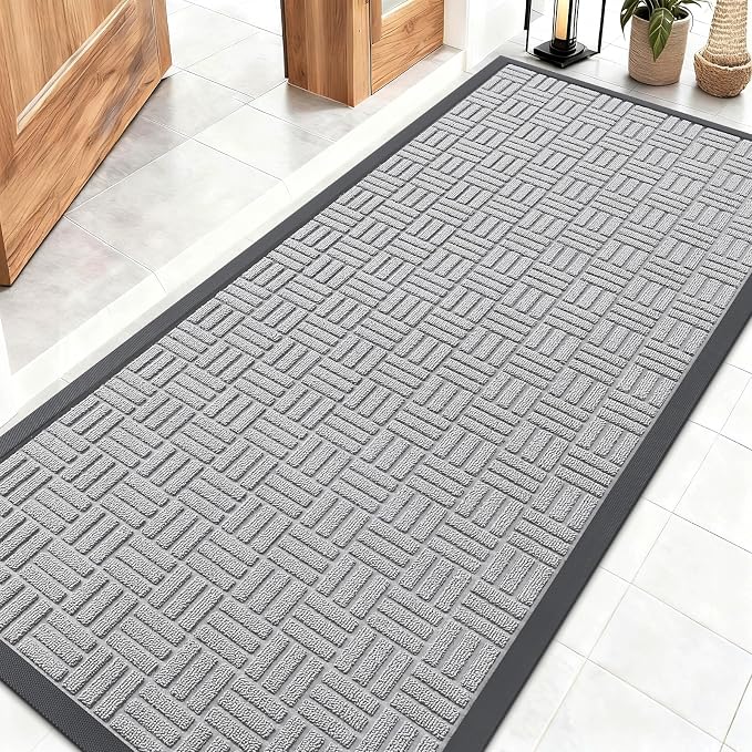 OLANLY Front Door Mat Outside Entrance 59x23, Absorbent, Heavy Duty Sturdy Natural Rubber Doormat Indoor Outdoor, Non-Slip, Stain and Fade Resistant, Low Profile Floor Mat for Entryway, Light Gray by OLANLY