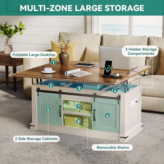 YITAHOME Lift Top Coffee Table with Storage, 4 in 1 Multi-Function Rectangle Center Table with Charging Station&USB Port, Living Room Table w/Large Hidden Space, for Bedroom, Home Office, Brown Top