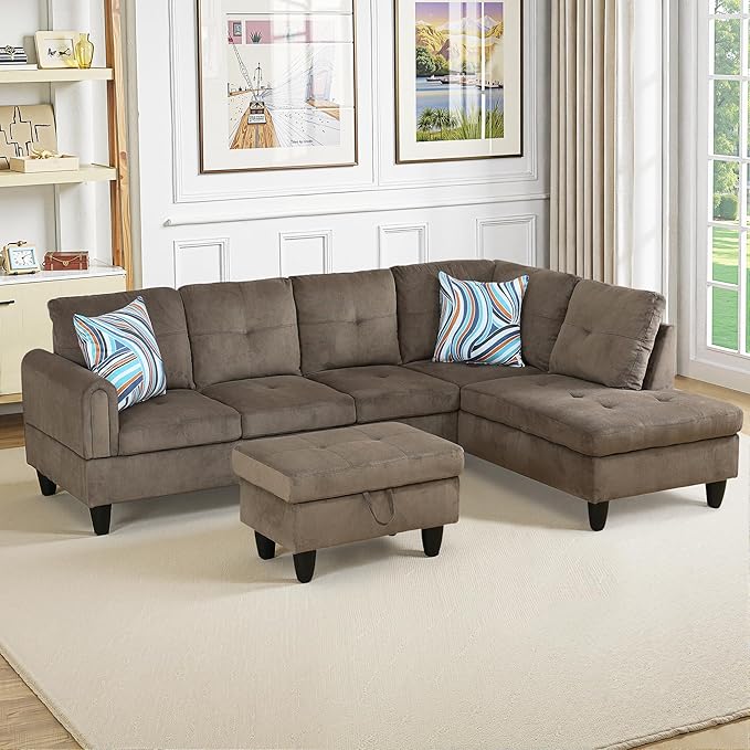 L Shaped Couch Sectional Couch Upholstered Velvet 3 Pieces Sofas for Living Room with Chaise, Ottoman with Storage for Office and Small Apartment, Brown Pineapple