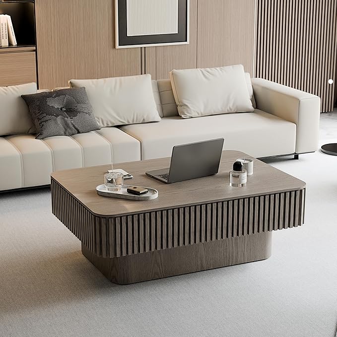 Gray Coffee Table with Lifting Top with Storage for Living Room,Fluted Lift Top Coffee Tables with Solid Wood Center Table 38.6'' Modern Smart Rectangular Lift Up Tabletop for Apartment Office