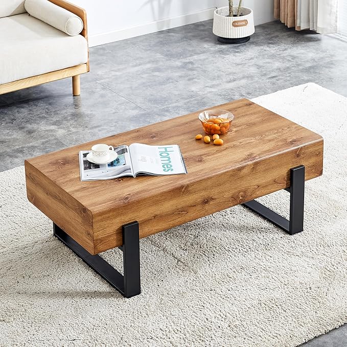 47.24'' Rustic Rectangle Coffee Table MDF Desktop with Metal Legs for Living Room Dining Room Bedroom Office