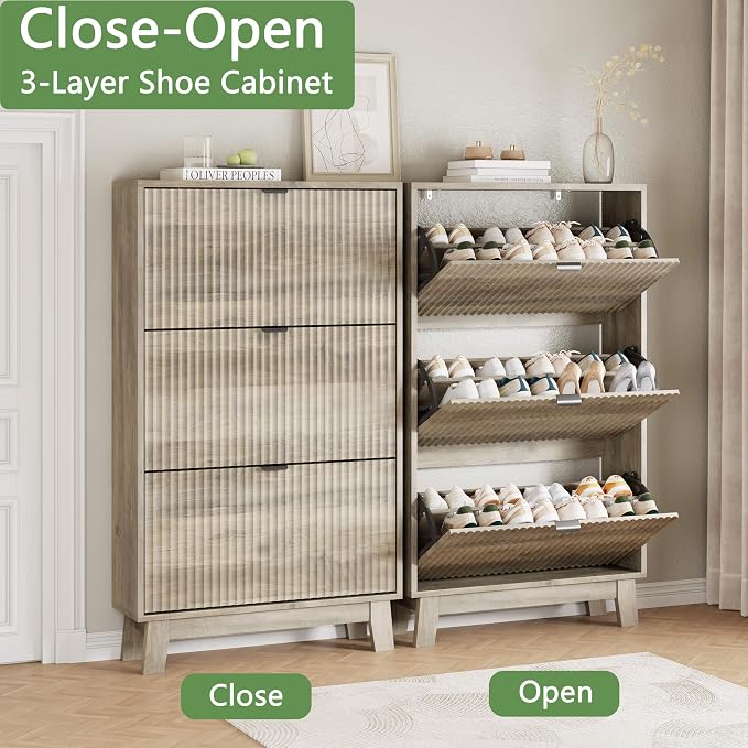 Xixini Shoe Cabinet with 3 Flip Drawers, 54" Tall Narrow Fluted Shoe Storage Organizer for Entryway, Hidden Slim Wooden Shoe Rack Cabinet for Front Door Entrance, Hallway, Living Room, Light Grey - Image 5