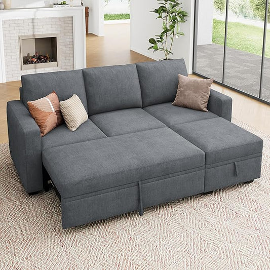 HONBAY Modular Sectional Sleeper Sofa with Pull Out Bed, L Shaped Sofa with Storage, Modular Sectional Couches for Living Room, Bluish Grey