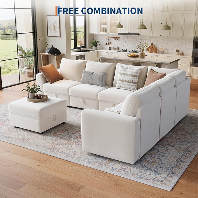 Sectional Couches for Living Room, Cloud Couch Sectional with Large Storage, l-Shape Modular Sectional Sofa with Ottoman (Beige 7-Seater)