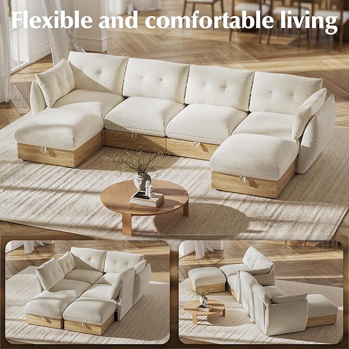 134" U Shaped Cloud Couch Sectional Modular Sofa with Storage, Cotton and Linen Fabrics Modern Oversized Deep Seat Sofa with Armrest Pillow, Easy Assembly for Living Room, Apartment, Ivory