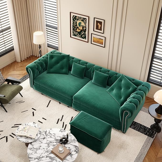 Eafurn 3 in 1 Oversized Chesterfield Loveseat Sofa Convertible Pull Out Sleeper Sofabed King Size Couch Bed w/Movable Ottoman and Nailhead Trim for Living Room Tufted Velvet Recliner Daybed Sofacama