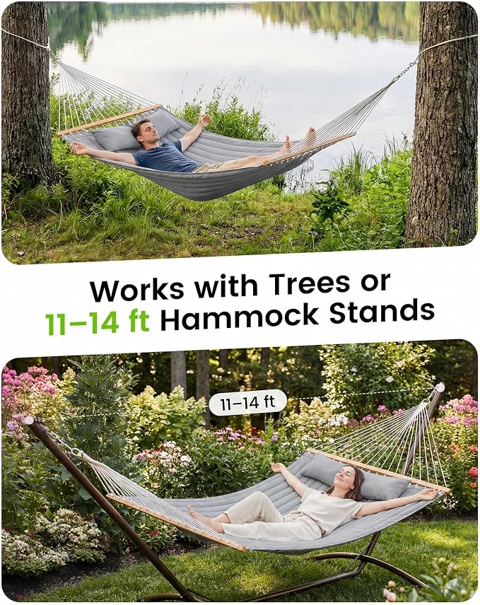 ANAGOO Double Quilted Outdoor Hammock for 2 Adults, 500lb Capacity Backyard & Camping Hammock with Pillow and Bamboo Spreader Bar, Fits 11–15ft Hammock Stands (Stand Not Included),Dark Gray - Image 3