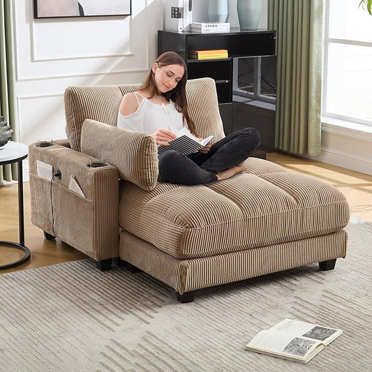 Oversized Lounge Chaise Convertible Sleeper Sofabed, Corduroy Sleeper Daybed Indoor Recliner Chair Sofa Bed with Cupholders and Adjustable Headrests for Living Room Bedroom Reading Home Apartment