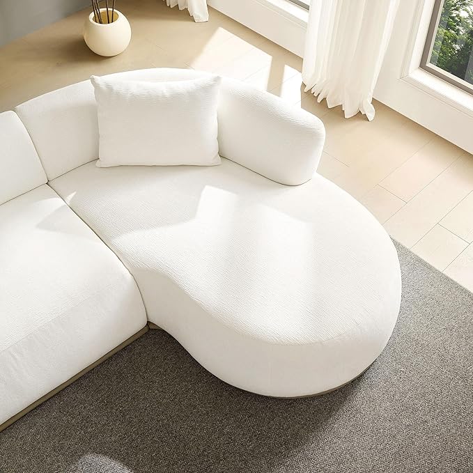 KEIKI 135" L-Shaped Oversized Boucle Sectional Sofa with Right Chaise, Modern 5-Seater Polyester Curved Couch with PU Leather Base, 1 Ottoman & 6 Pillows, No Assembly Required, for Living Room, Beige