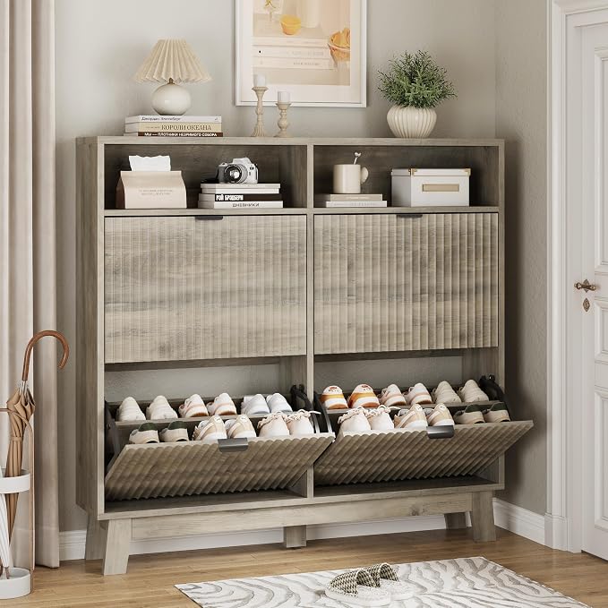 Xixini Shoe Cabinet with 4 Flip Drawers, 46" Tall Narrow Fluted Shoe Storage Organizer for Entryway, Hidden Slim Wooden Shoe Rack Cabinet for Front Door Entrance, Hallway, Living Room, Light Grey by Xixini