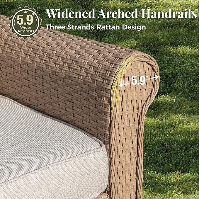 Patio Furniture Set 6 pcs, Wicker Outdoor Patio Furniture, 3-Seat Sofa, 2 Single Sofas, 2 Ottomans and Coffee Table, Rattan Outdoor Conversation Set for Backyard Deck, Beige