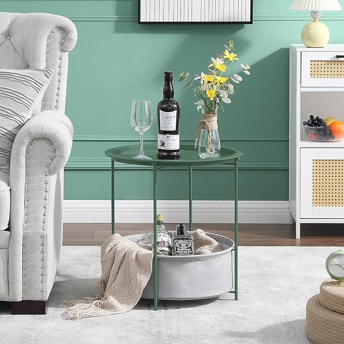 VECELO Round Side/End Table with Fabric Storage Basket，Metal Anti-Rust and Waterproof Small Bedside Nightstand with Removable Tray Top for Living Room，Balcony & Laundry，Dark Green /2pcs with Basket - Image 2