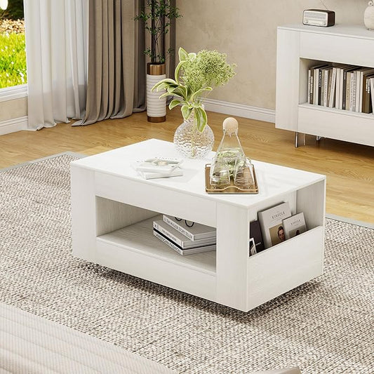 35" Wood Coffee Table for Living Room, Sides Storage with Transparent Legs, Minimalist Modern 2-Tier Storage Shelf Center Table for Home Office, Apartment, White
