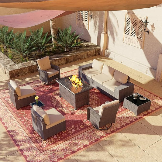 10 PCS Outdoor Patio Furniture Set,Outdoor Sectional Furniture with 43" 55000 BTU Gas Propane Fire Pit Table,All Weather PE Rattan Wicker Patio Conversation Set,Swivel Rocking Chairs Set,Sand