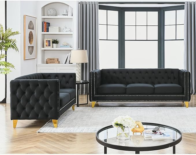 KEIKI Tufted Velvet 3+2 Seat Sofa Couch for Living Room, Buttons Tufted Square Arm Couch for Home Apartment, Black