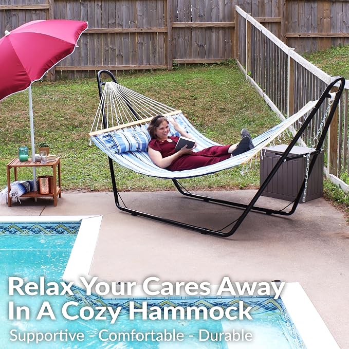 Sunnydaze Double Quilted Fabric Hammock with Universal Steel Stand - 450-Pound Capacity - Black Stand - Misty Beach - Image 2