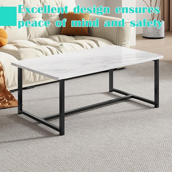 Coffee Table for Living Room, Modern Rectangular Center Coffee Tables for Small Space, Industrial Furniture, Sofa End Tables/Tea Table/Center Table, Couch Table with Metal Black White