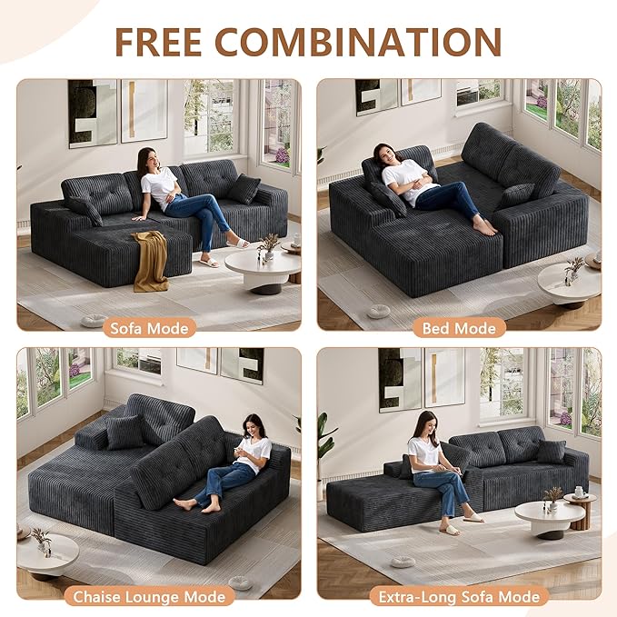 Ball & Cast 106" Cloud Modular Sectional Sofa, Boneless Corduroy Couch with Deep Seat, Comfy L-Shaped Sectional, Modern Upholstered Sofa for Living Room, No Assembly (Gray, Left Facing Chaise)