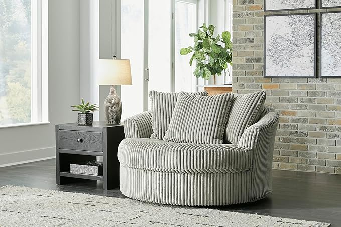 Signature Design by Ashley Lindyn Contemporary Oversized Accent Chair with 360-Degree Swivel, Feather Blend Throw Pillows, Corded Fabric, Gray