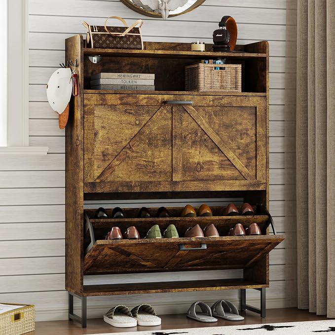 BORNOON Shoe Cabinet with 2 Flip Drawers Narrow Shoe Storage Cabinet Organizer Wooden Freestanding Rack Hidden Slim Storage for Entryway, Hallway, Living Room, Bedroom (Brown) by BORNOON
