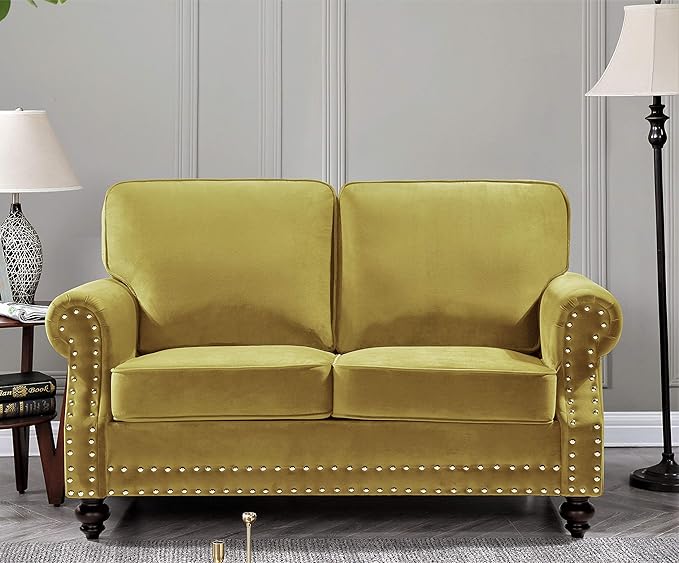 Lotus Mid Century Modern Velvet Upholstered Living Room Rolled Arms, Chair, Loveseat and Sofa, Strong Yellow