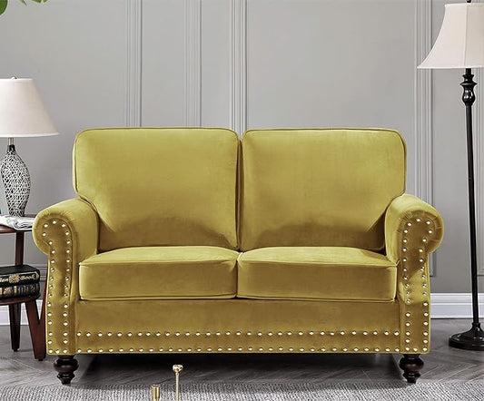 Lotus Mid Century Modern Velvet Upholstered Living Room Rolled Arms, Loveseat, Strong Yellow