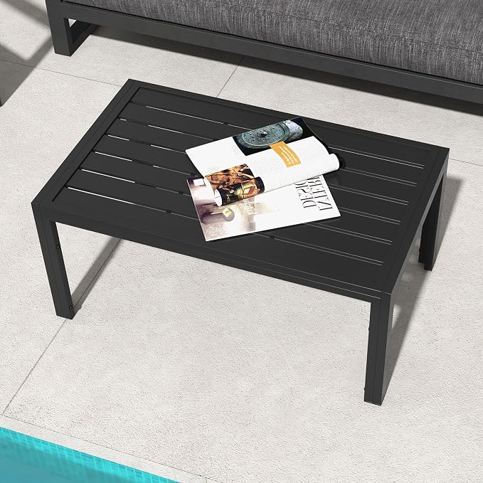 Outsunny Patio Coffee Table, Rectangle Outdoor Side Table with Steel Frame and Slat Tabletop for Garden, Balcony, Backyard, Porch, Black - Image 7