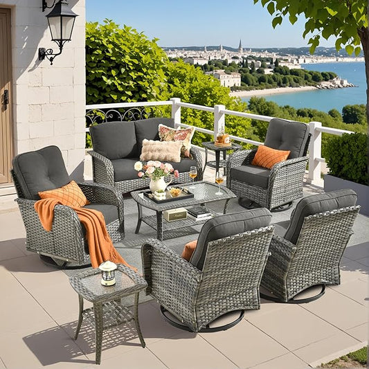 Weaxty 8 Pieces Outdoor Patio Furniture Sets with Swivel Rocking Patio Chairs and Loveseat Sofa,Coffee Table,All Weather Wicker Conversation Set for Deck Backyard Porch Poolside, Black