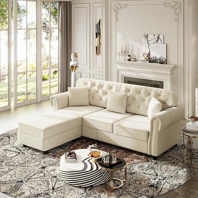 KEIKI 83" Velvet Chesterfield Sofa with Rolled Arms & Nailhead Trim & 1 Ottoman, Modern 3-Seater Button Tufted Couch with High Resilience Cushion & 3 Pillow, Easy Assembly, for Living Room, White