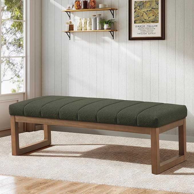 Zihanhome 52.7" Bedroom Bench for End of Bed, Modern Upholstered Teddy Fabric Entryway Bench & Dining Bench, Footrest Stool Bench with Solid Wood Frame for Bedroom, Living Room (Green) - Image 3