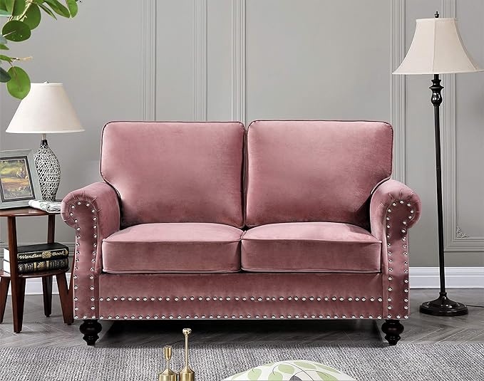 Lotus Mid Century Modern Velvet Upholstered Living Room Rolled Arms, Sofa and Loveseat, Rose
